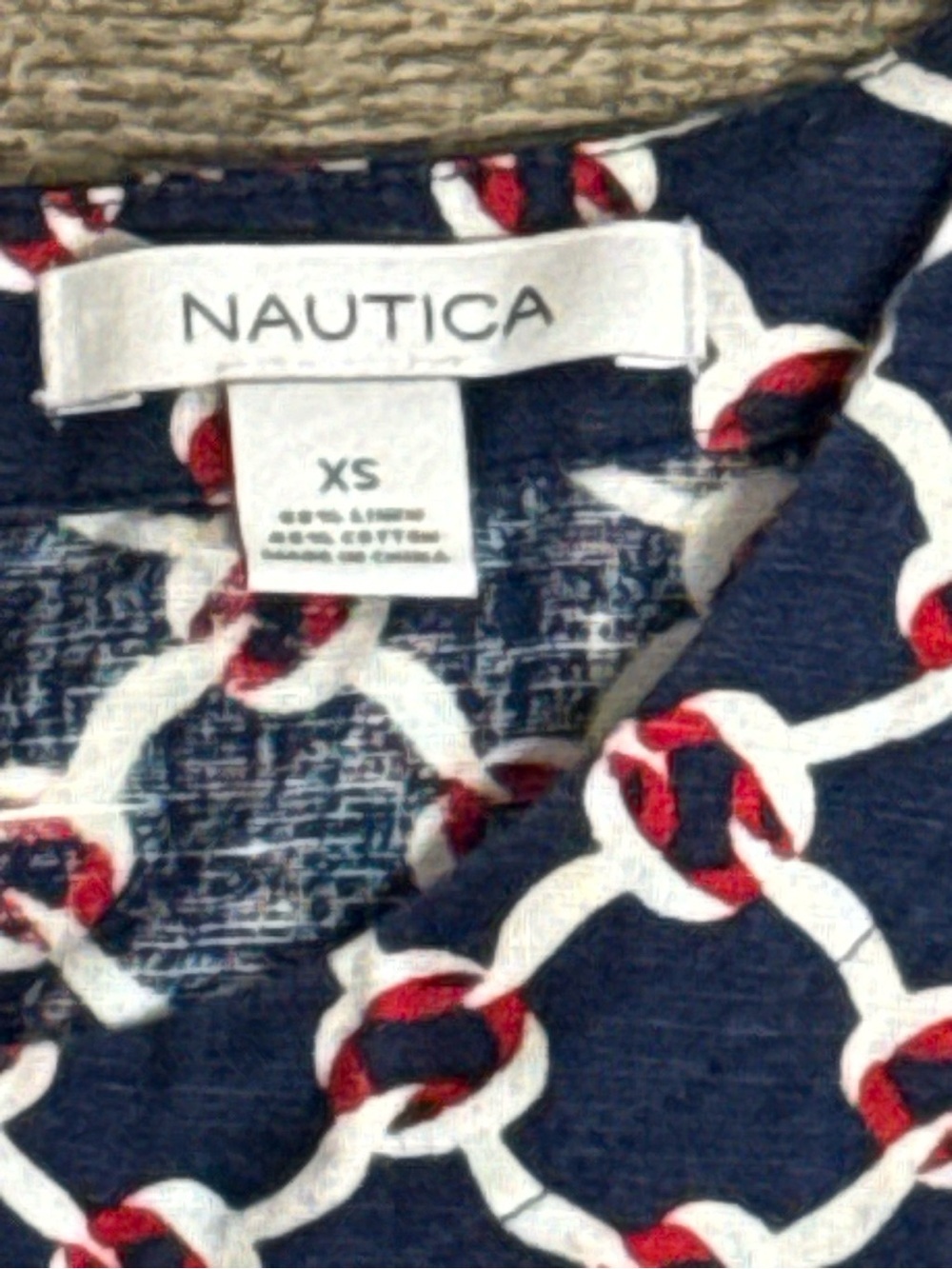 Nautica Linen Cotton Nautical Chain Print Tunic Dress XS Navy Red Belted Resort - Picture 6 of 8